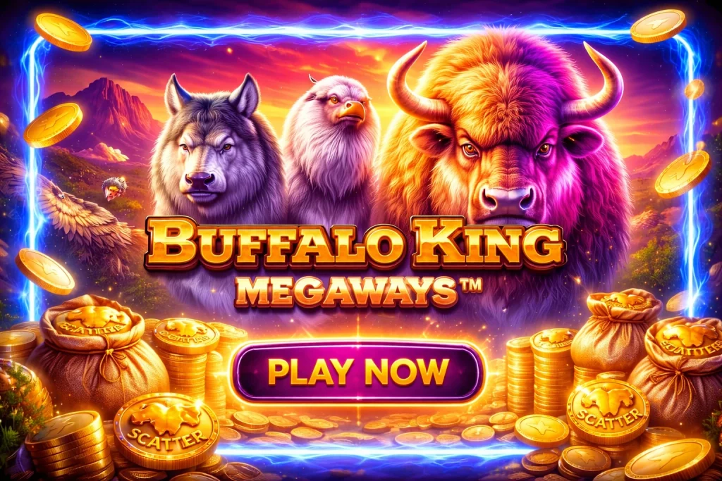 Buffalo King Megaways slot banner for Level Up Casino featuring majestic buffalo, wolf and eagle with golden coins and vibrant sunset background