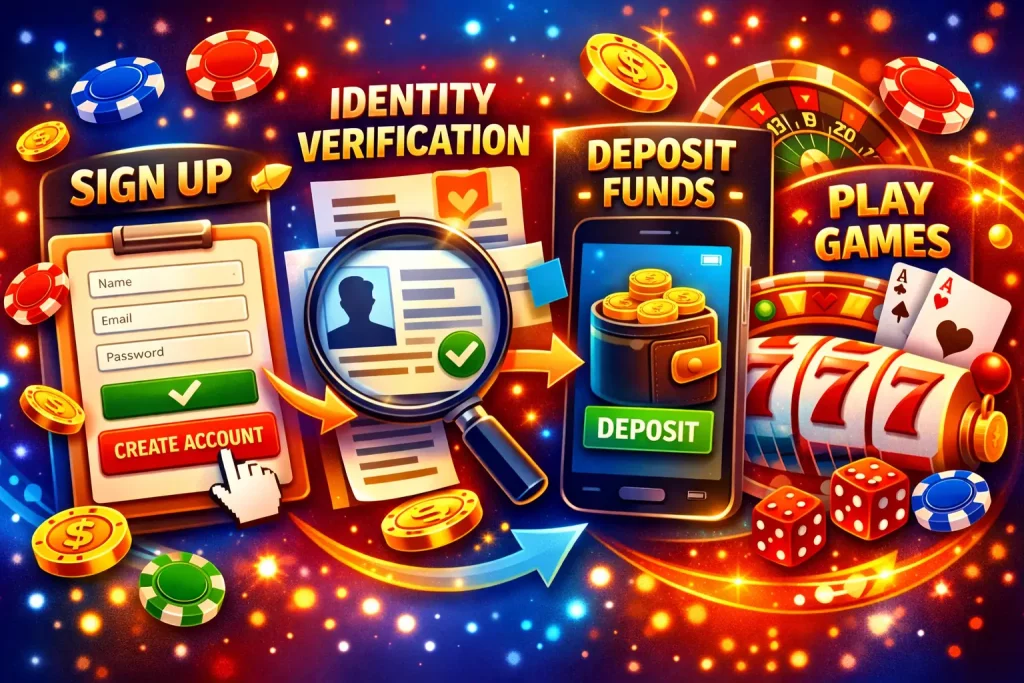 Level Up Casino Australia illustration showing sign up, identity verification, deposit and gameplay stages in bright colorful digital style