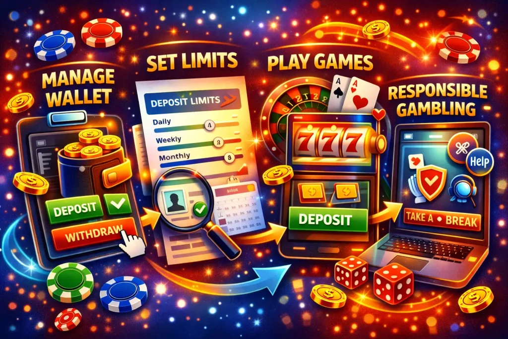 Bright Level Up Casino Australia illustration showing wallet management, deposit limits, gameplay stages and responsible gambling tools in colorful digital style