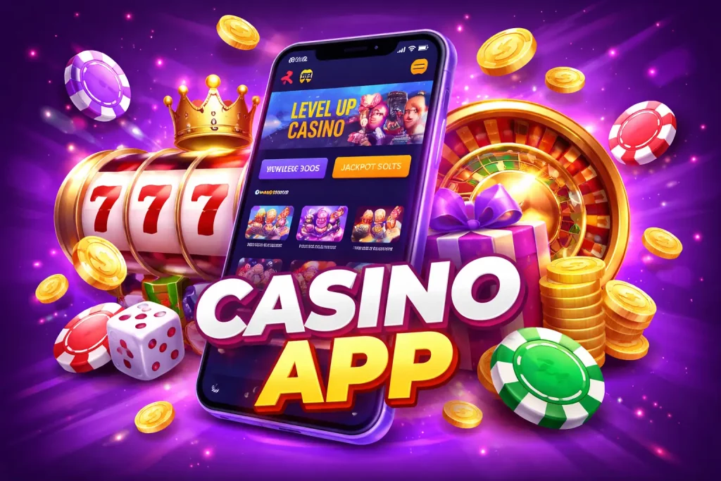 Level Up Casino Australia app banner on a purple background with a smartphone interface, casino icons, coins, and gameplay elements