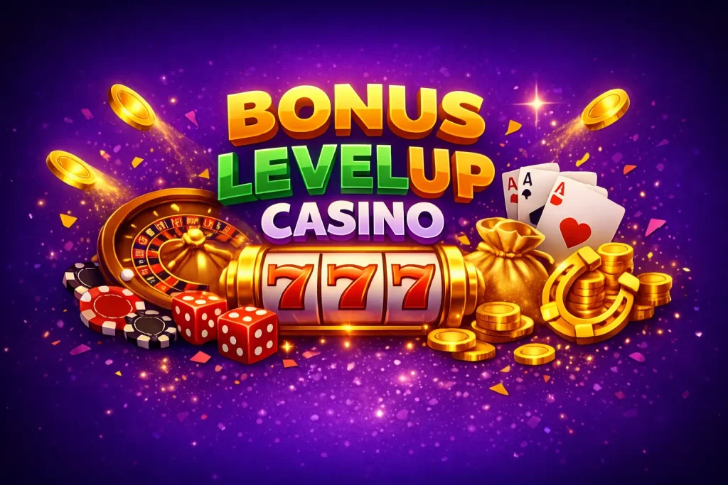 Level Up Casino bonus banner on purple background with slot machine, roulette wheel, playing cards and gold coins