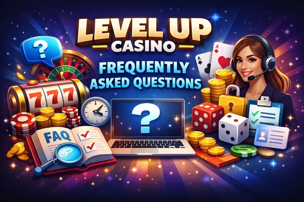 Level Up Casino FAQ banner with support agent, laptop displaying question mark, roulette wheel, slot machine, poker cards and gold coins on vibrant purple background