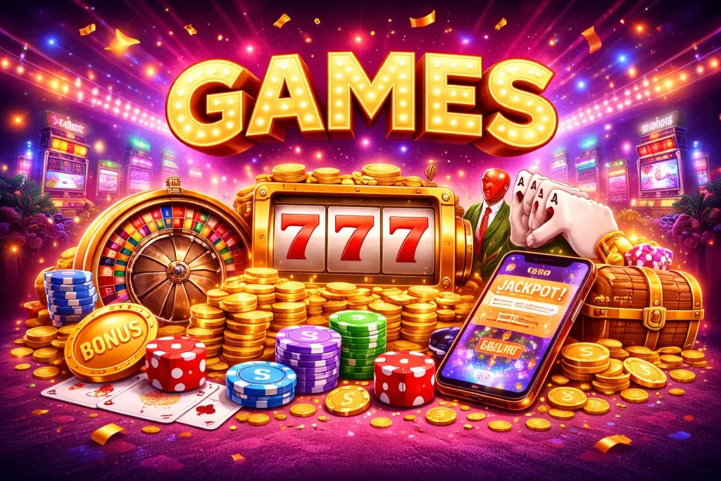 Level Up Casino Games banner with bright neon background, golden slot machine 777, roulette wheel, poker cards, colourful casino chips, treasure chest and mobile jackpot screen in vibrant digital style