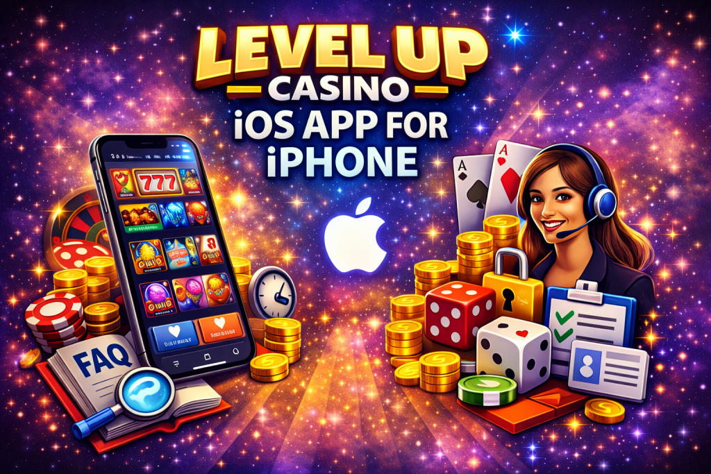 Level Up Casino iOS app promotional banner with iPhone interface, gold coins, casino elements, and vibrant purple cosmic background