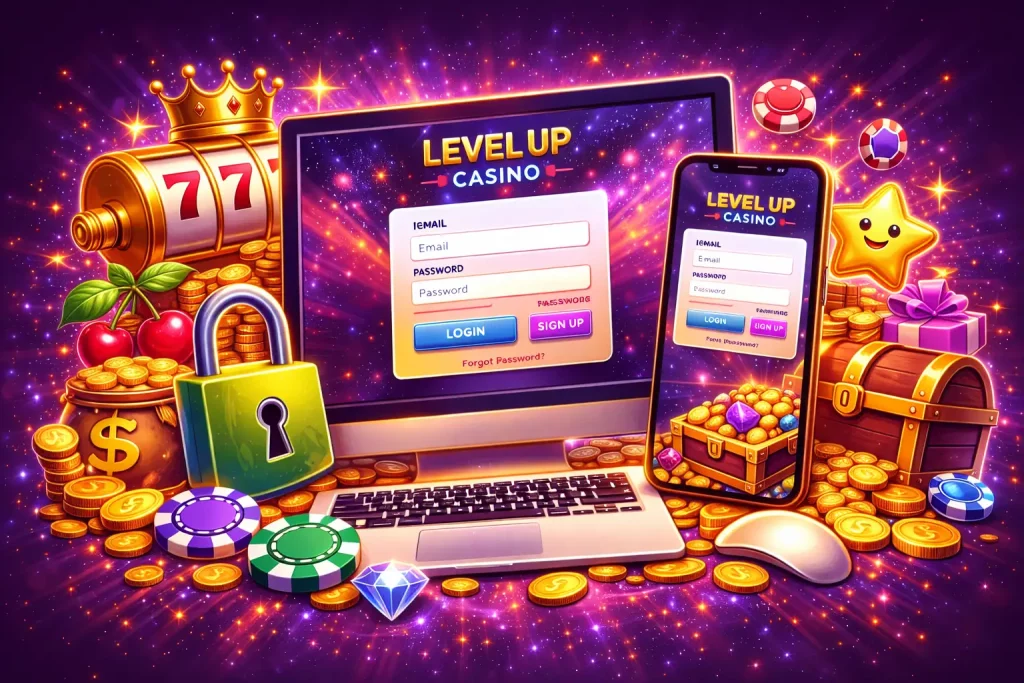Level Up Casino Login banner with purple glowing background, desktop and smartphone showing login interface, golden slot machine 777, coins, treasure chest and security lock icon in vibrant digital style