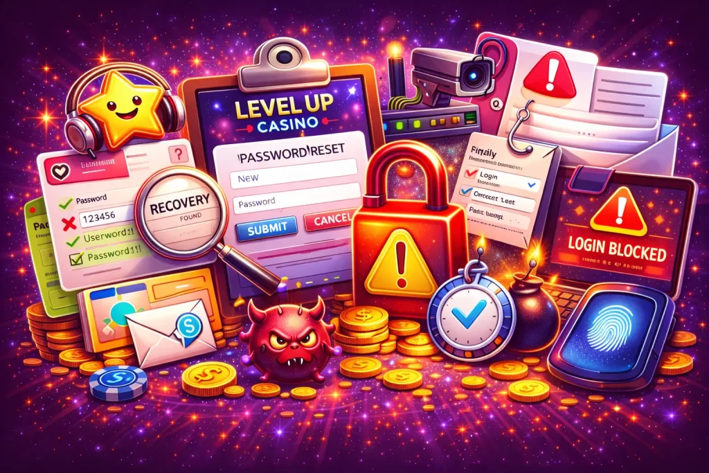 Level Up Casino login protection illustration with purple glowing background, password reset screen, security lock, biometric fingerprint scanner, warning alert icons and casino elements in vibrant digital style