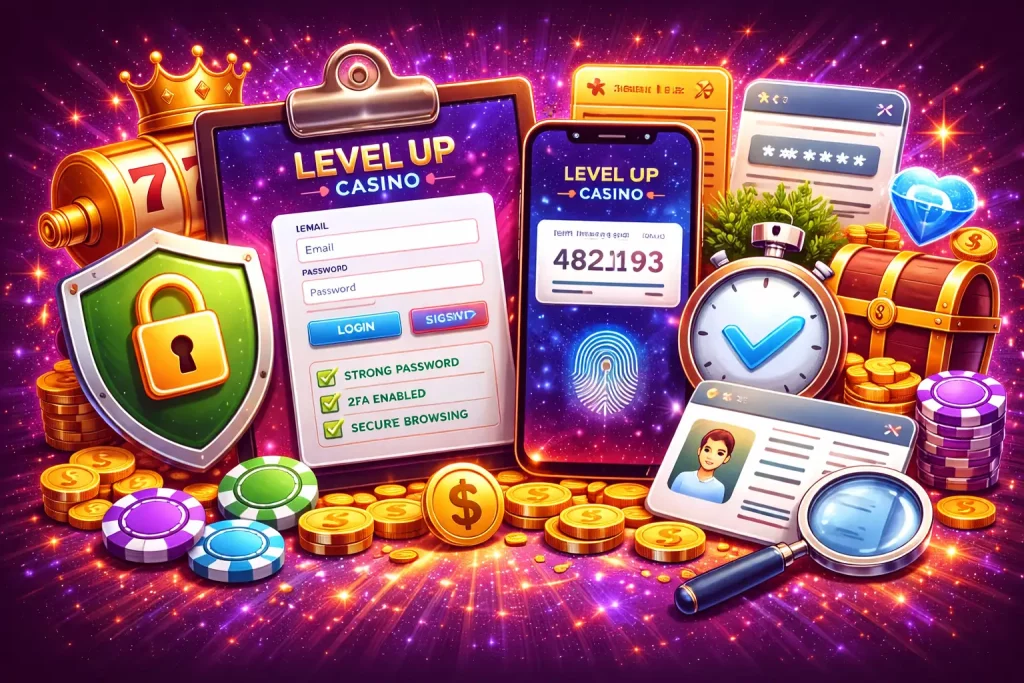 Level Up Casino secure login illustration with purple galaxy background, shield and lock icon, smartphone with verification code, identity card, coins and casino elements