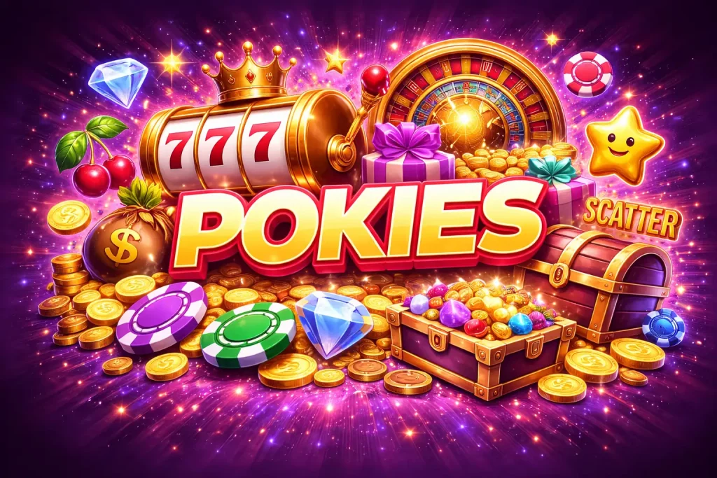 Level Up Casino Pokies banner with dark purple background, golden 777 slot machine, treasure chest, casino chips and coins in vibrant digital style