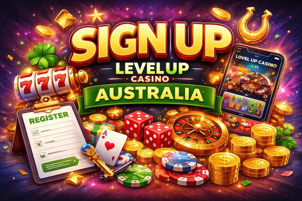 Level Up Casino sign up illustration showing secure account creation, mobile registration interface, casino elements and digital wallet on purple background