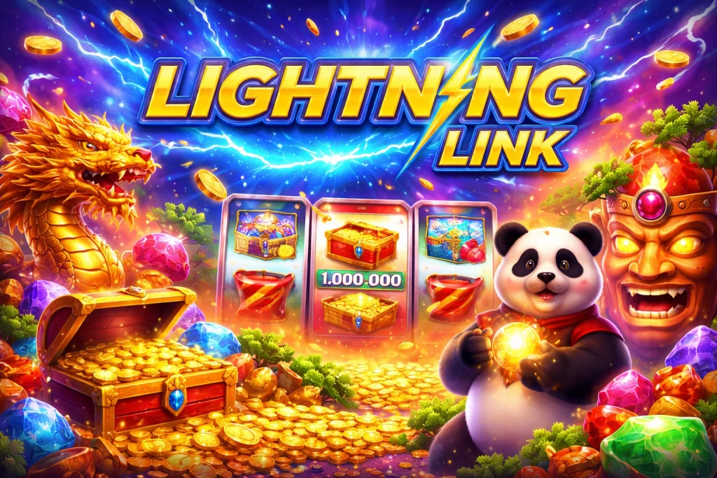 Lightning Link Pokies artwork for Level Up Casino featuring golden dragon, panda, treasure chest and vibrant slot reels in bright electric colors