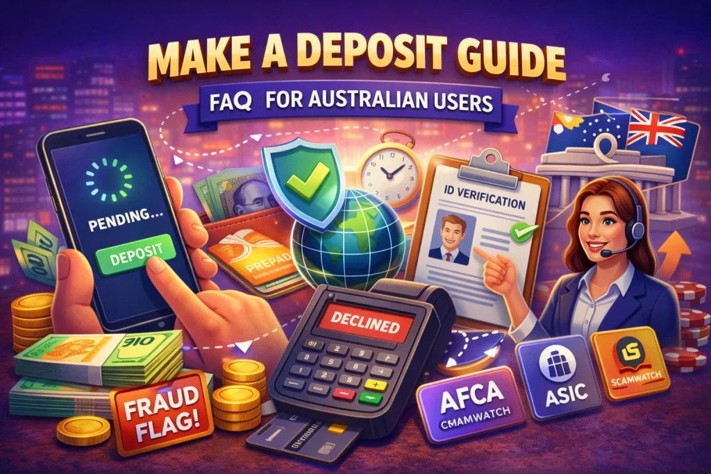Make a Deposit FAQ guide illustration for Australian users featuring smartphone deposit screen, security shield, ID verification clipboard, payment terminal with declined status, ASIC and AFCA references, and Australian currency elements in a vibrant digital style.