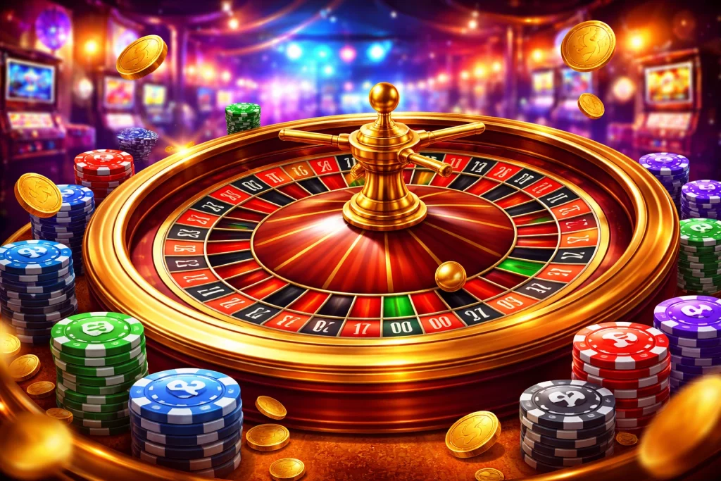 Bright casino roulette wheel with golden frame, colorful poker chips and flying coins in vibrant lights for Level Up Casino roulette games page