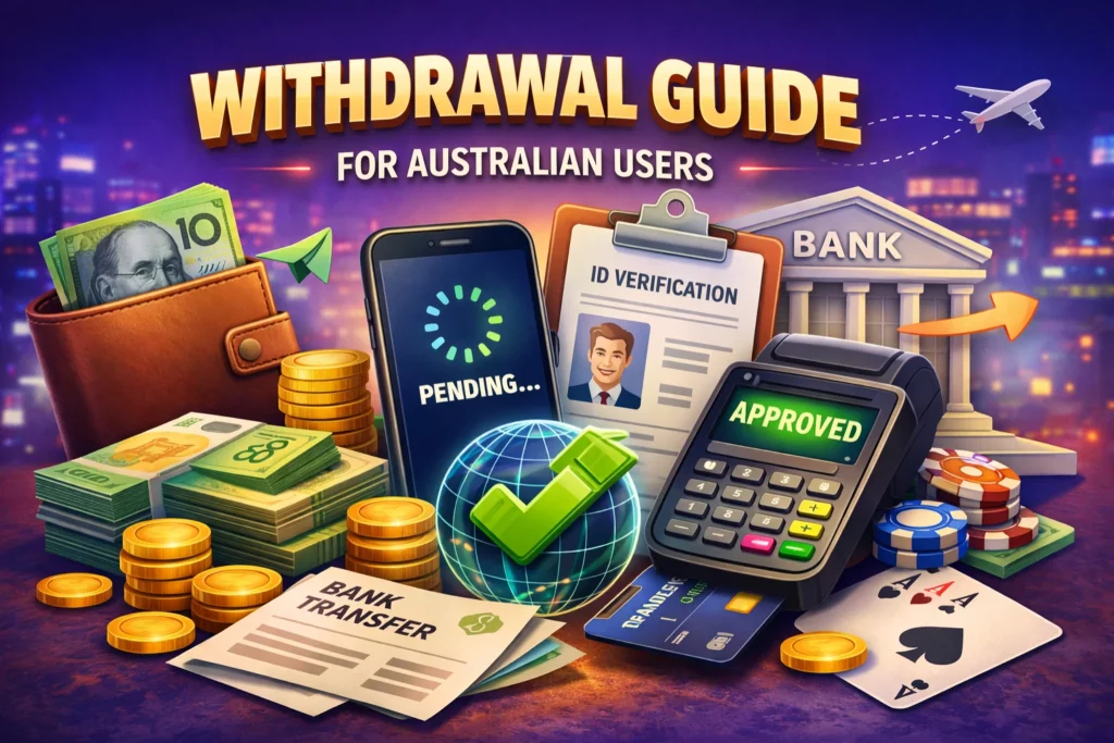 Withdrawal Guide banner for Australian users featuring digital banking interface, ID verification clipboard, approved payment terminal, bank building and financial transaction elements on purple background