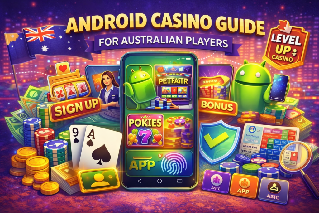 Android casino app banner featuring modern smartphone interface, digital gaming dashboard, bright neon casino elements, secure payment icons, and Australian-themed accents in vibrant colors.