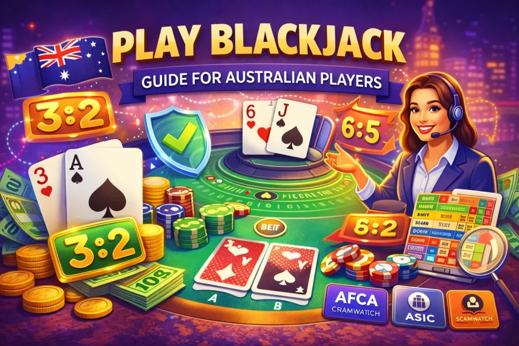 Blackjack guide banner for Australian players featuring bright casino table, playing cards, 3:2 payout sign, chips, Australian flag, and live dealer illustration in vibrant purple and gold colors.